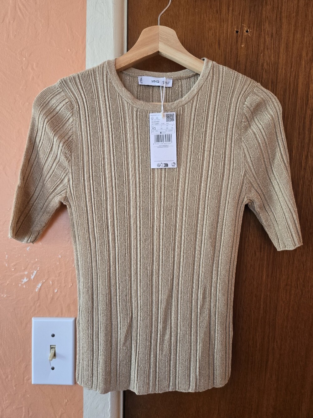 Mango Lurex Beige Short-Sleeve Ribbed Knitted Top XS